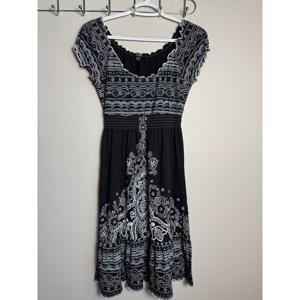 Majora Black White Geometric Smocked Waist Dress M Boho Cottagecore Indie Folk